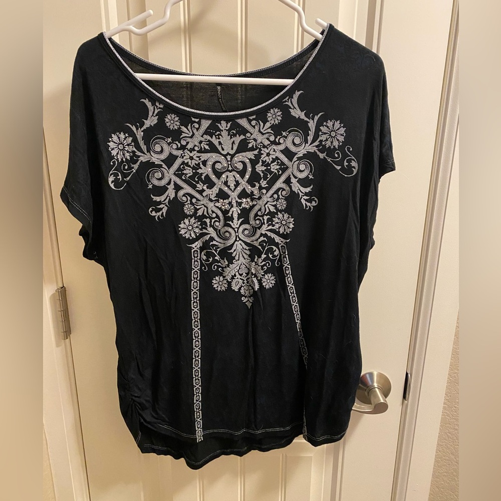 Skinny Minnie XL Top Black Floral Rhinestone Shirt Stretch Black Y2K